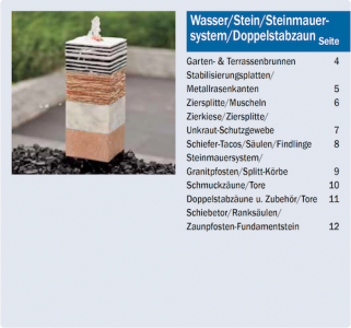 Katalogbereich Wasser, Stein, Steinmauersystem und Doppelstabzaun