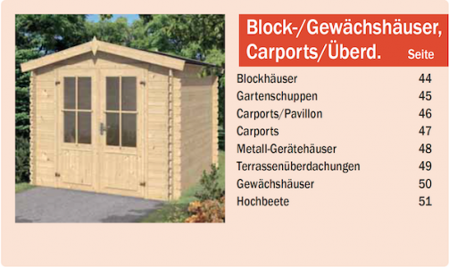Katalogbereich Block- und Gewächshäuser, Carports und Überdachtungen